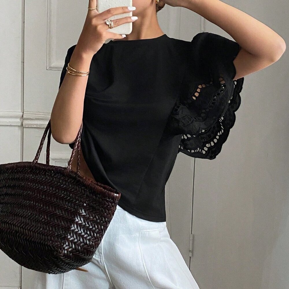 Black Casual Women's Embroidered Cutout T-Shirt